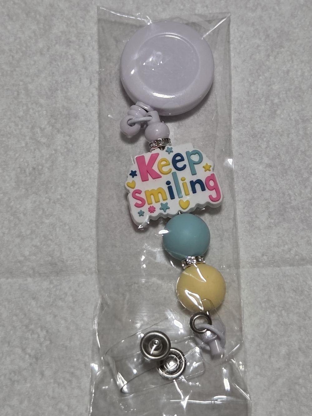 Keep Smiling Pastel Badge Reel - Blue & Yellow Beads